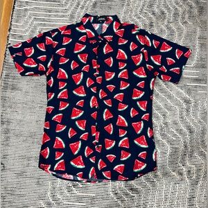 Jogal Men's Watermelon Print Casual Button Down Shirt - Red/Pink and Blue